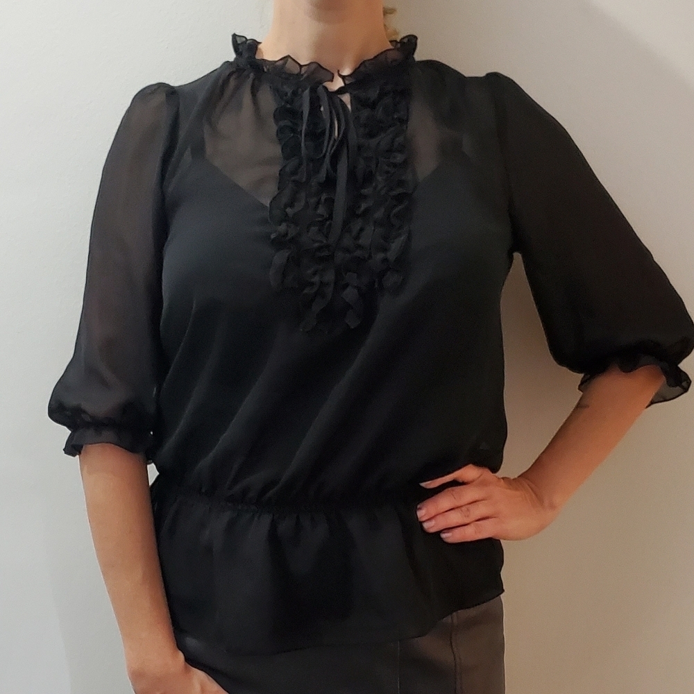 Goth Y2K Ruffled Short Puff Sleeve Sheer Black Blouse size Small
